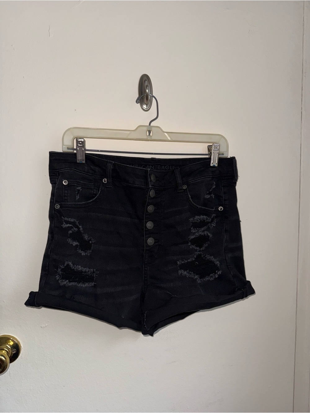 American Eagle Outfitters Black High-Rise Distressed Denim Shorts